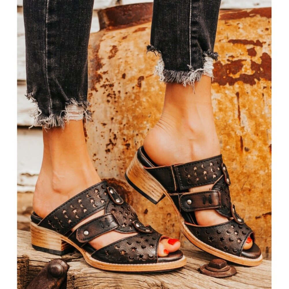 Freebird Steven Moonstar Leather Star Cut-Outs Distressed Low Heeled Slides Edgy - Picture 3 of 12